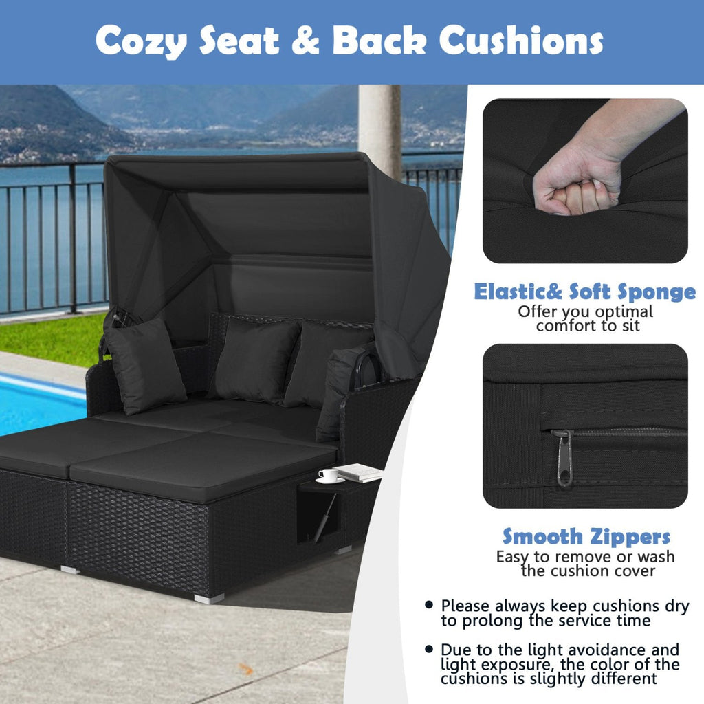 Rattan Patio Daybed with Retractable Canopy and Side Trays, Black