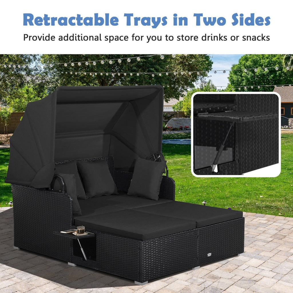 Rattan Patio Daybed with Retractable Canopy and Side Trays, Black