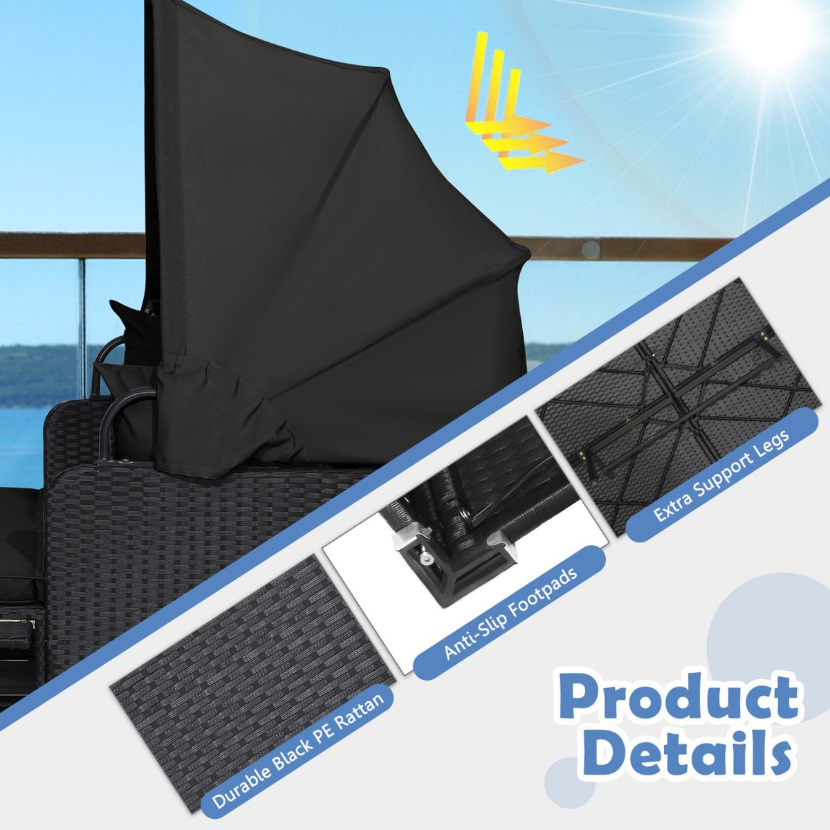 Rattan Patio Daybed with Retractable Canopy and Side Trays, Black