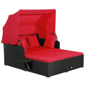 Rattan Patio Daybed with Retractable Canopy and Side Trays, Red