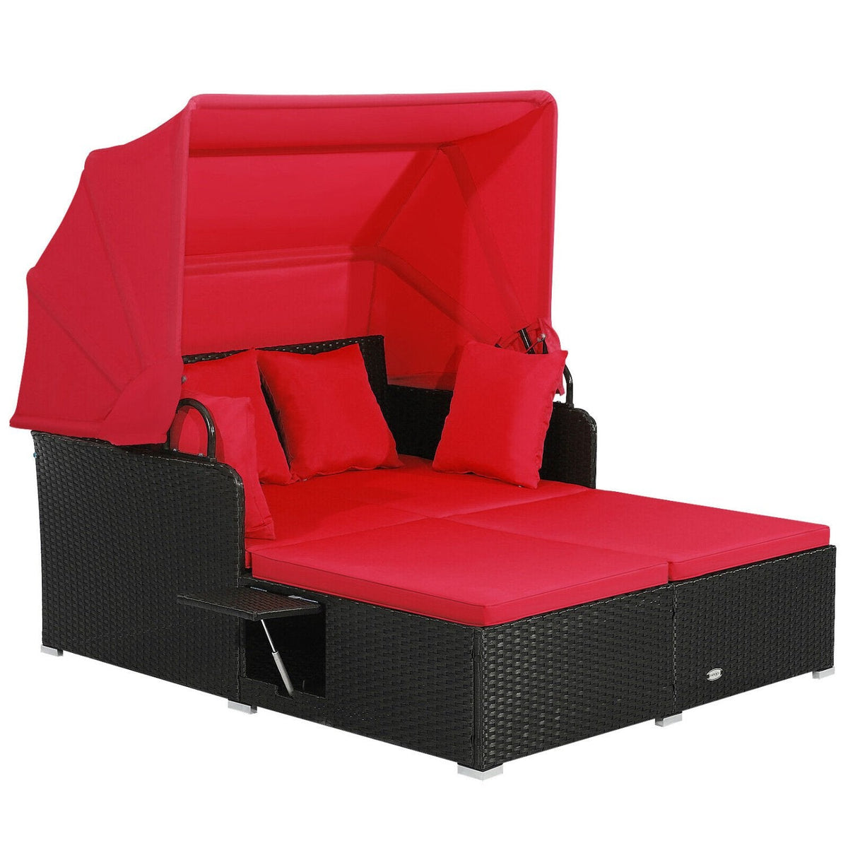 Rattan Patio Daybed with Retractable Canopy and Side Trays, Red