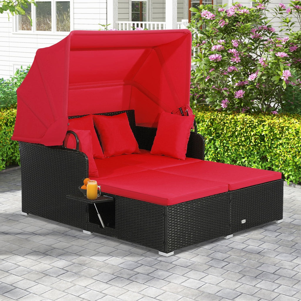 Rattan Patio Daybed with Retractable Canopy and Side Trays, Red