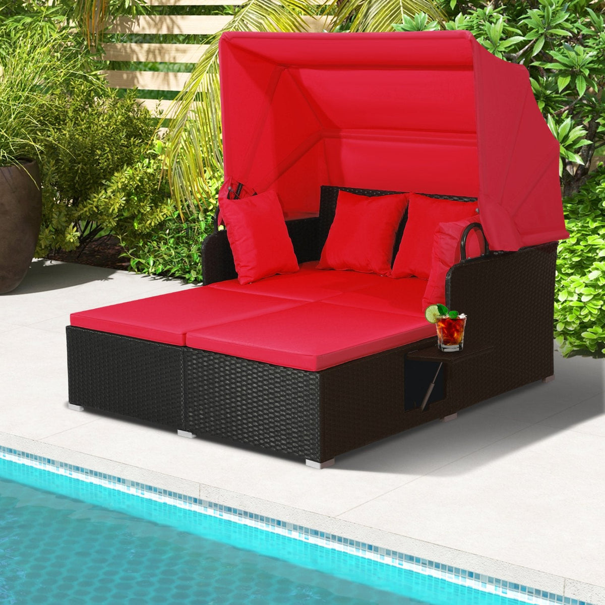 Rattan Patio Daybed with Retractable Canopy and Side Trays, Red