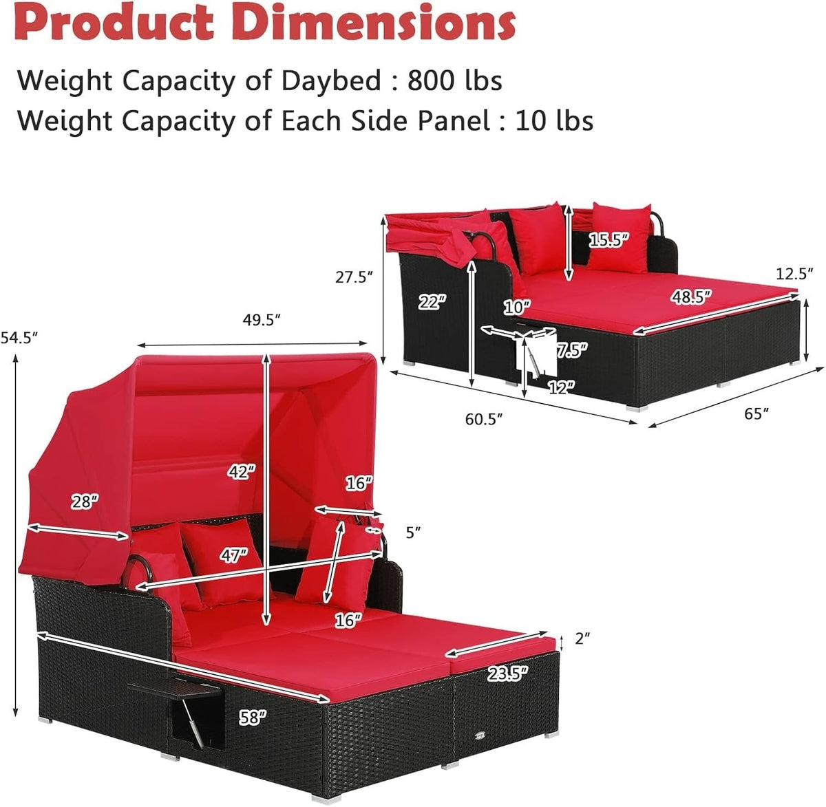 Rattan Patio Daybed with Retractable Canopy and Side Trays, Red
