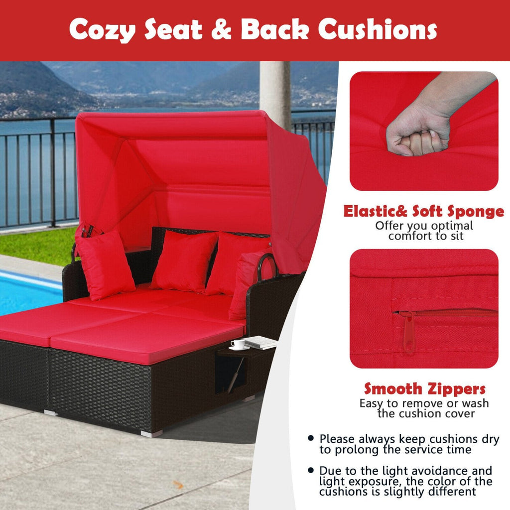 Rattan Patio Daybed with Retractable Canopy and Side Trays, Red