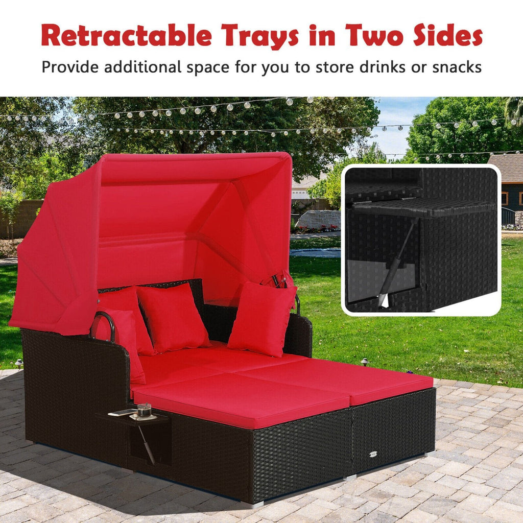 Rattan Patio Daybed with Retractable Canopy and Side Trays, Red