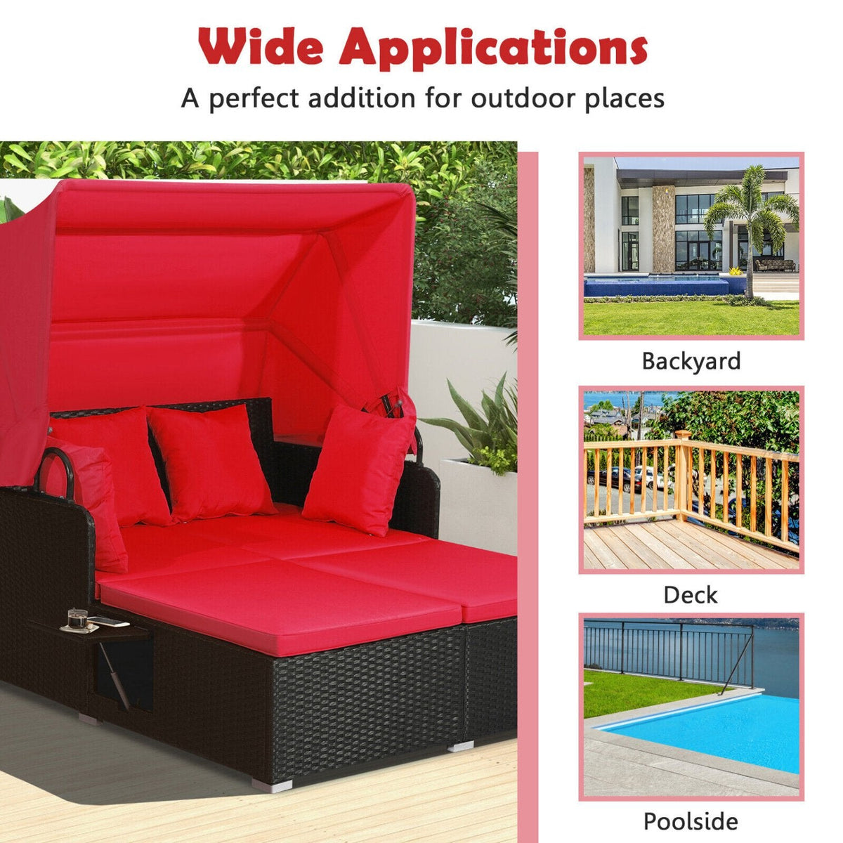 Rattan Patio Daybed with Retractable Canopy and Side Trays, Red