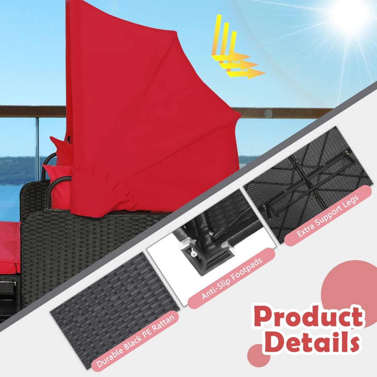 Rattan Patio Daybed with Retractable Canopy and Side Trays, Red