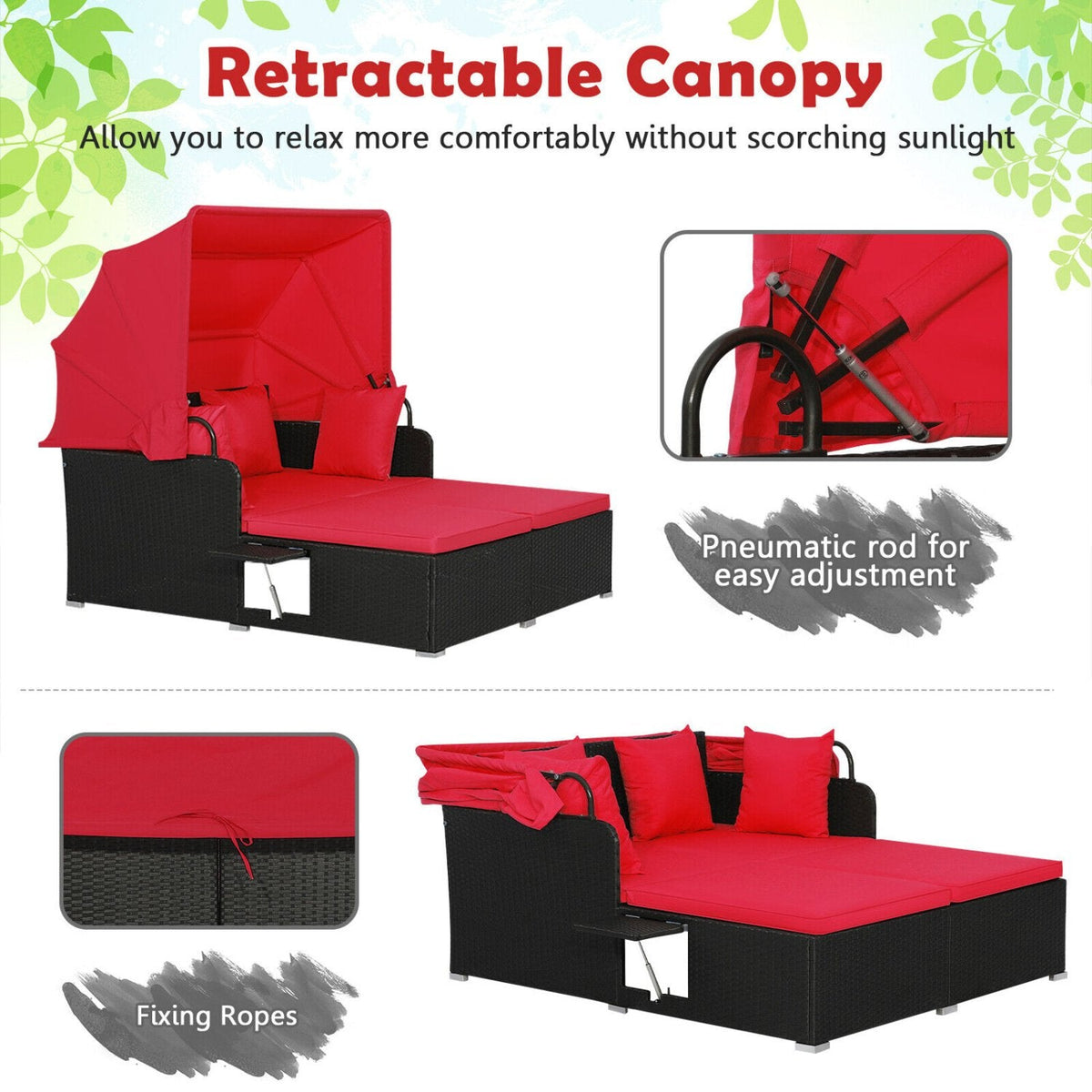 Rattan Patio Daybed with Retractable Canopy and Side Trays, Red