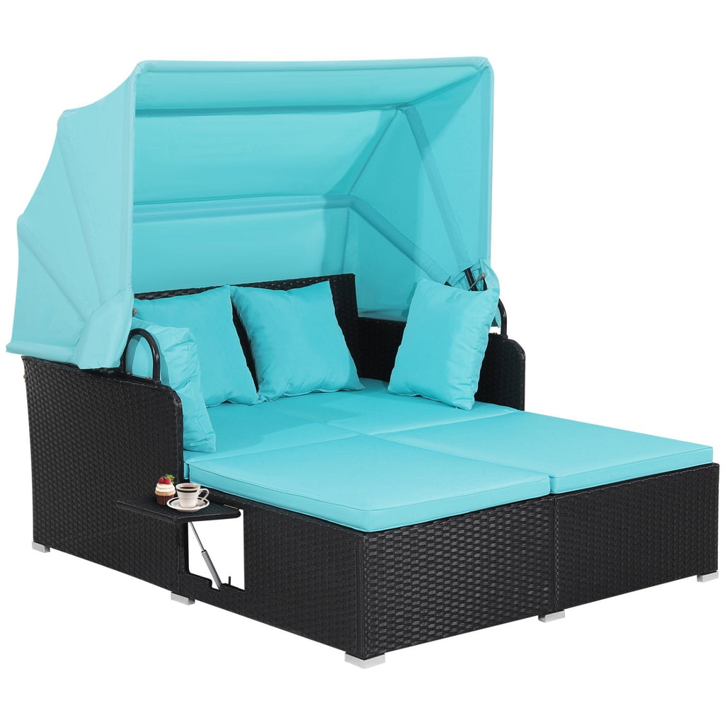 Rattan Patio Daybed with Retractable Canopy and Side Trays, Turquoise