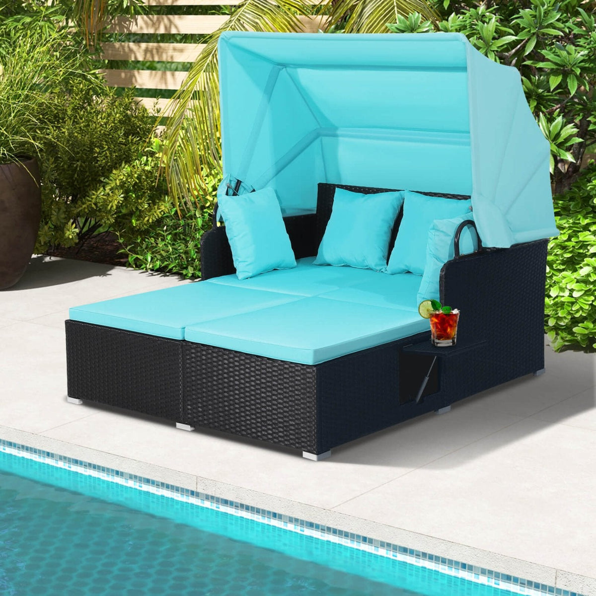 Rattan Patio Daybed with Retractable Canopy and Side Trays, Turquoise