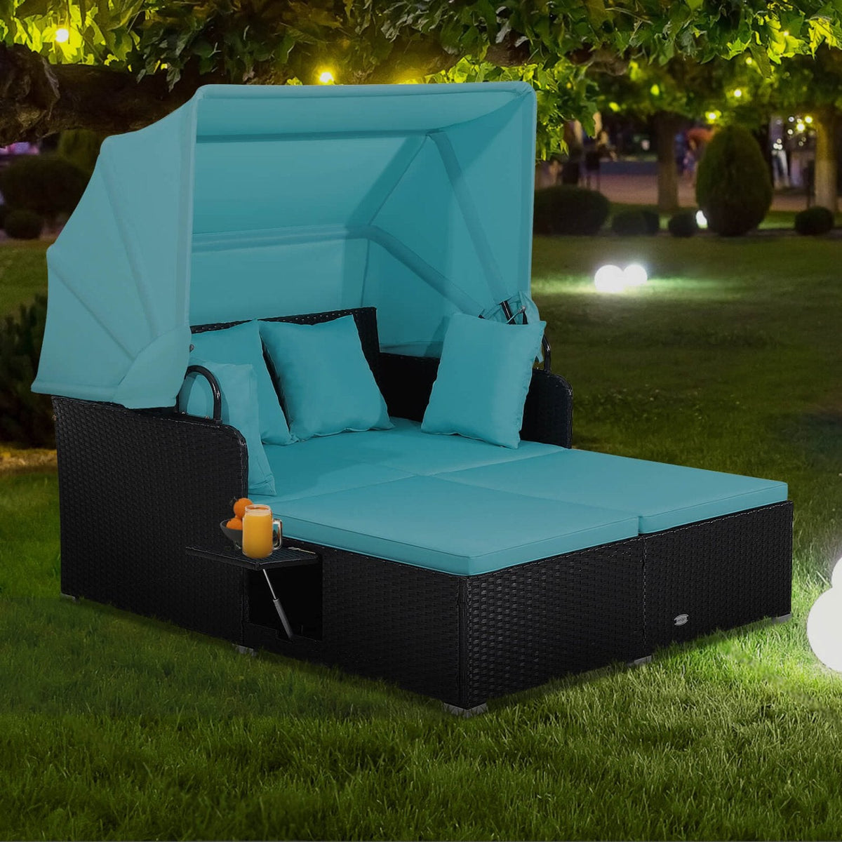 Rattan Patio Daybed with Retractable Canopy and Side Trays, Turquoise