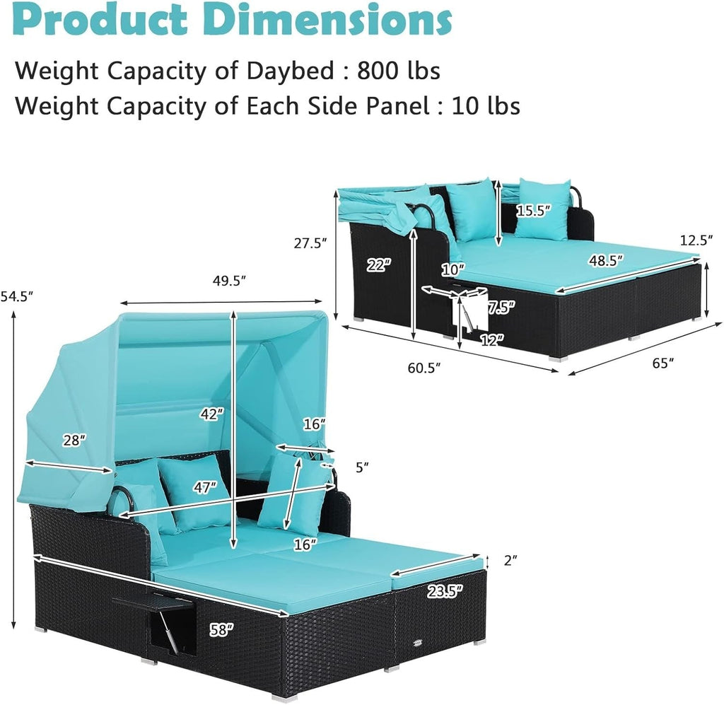 Rattan Patio Daybed with Retractable Canopy and Side Trays, Turquoise
