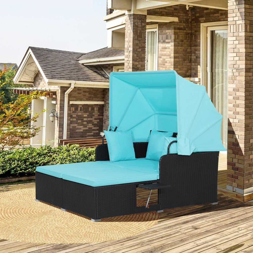 Rattan Patio Daybed with Retractable Canopy and Side Trays, Turquoise