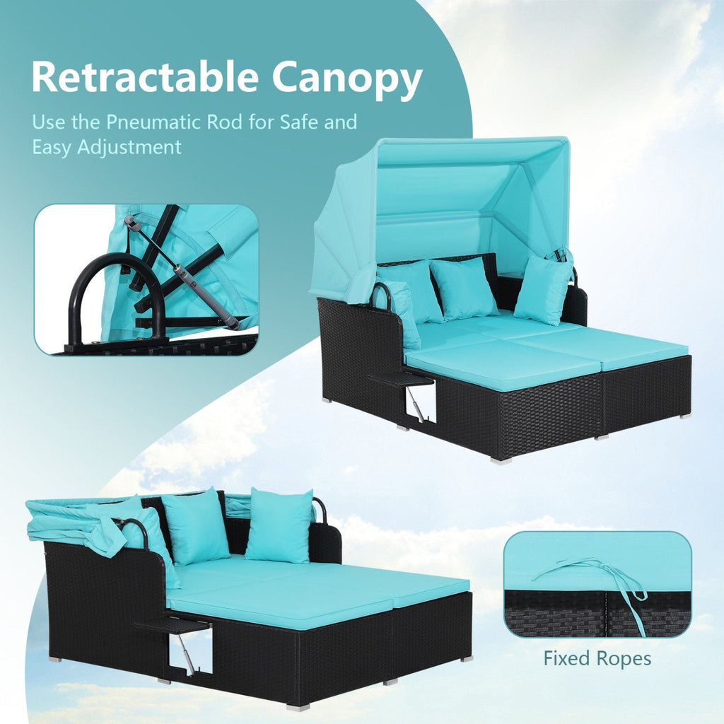 Rattan Patio Daybed with Retractable Canopy and Side Trays, Turquoise