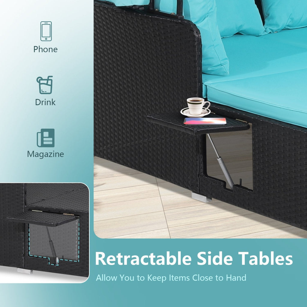 Rattan Patio Daybed with Retractable Canopy and Side Trays, Turquoise