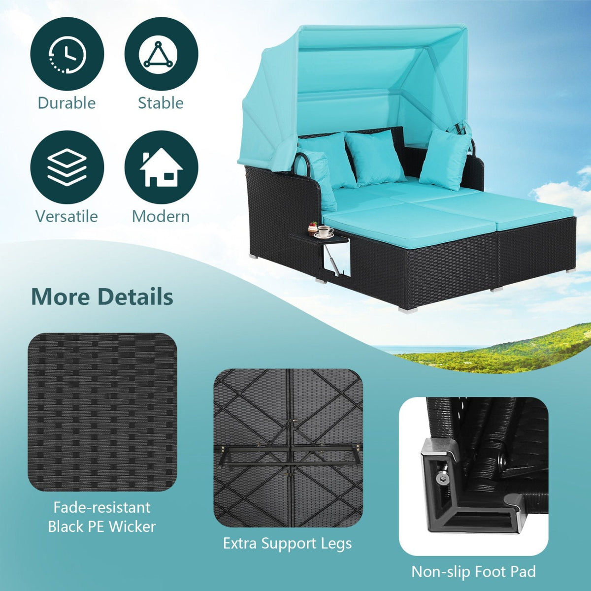 Rattan Patio Daybed with Retractable Canopy and Side Trays, Turquoise