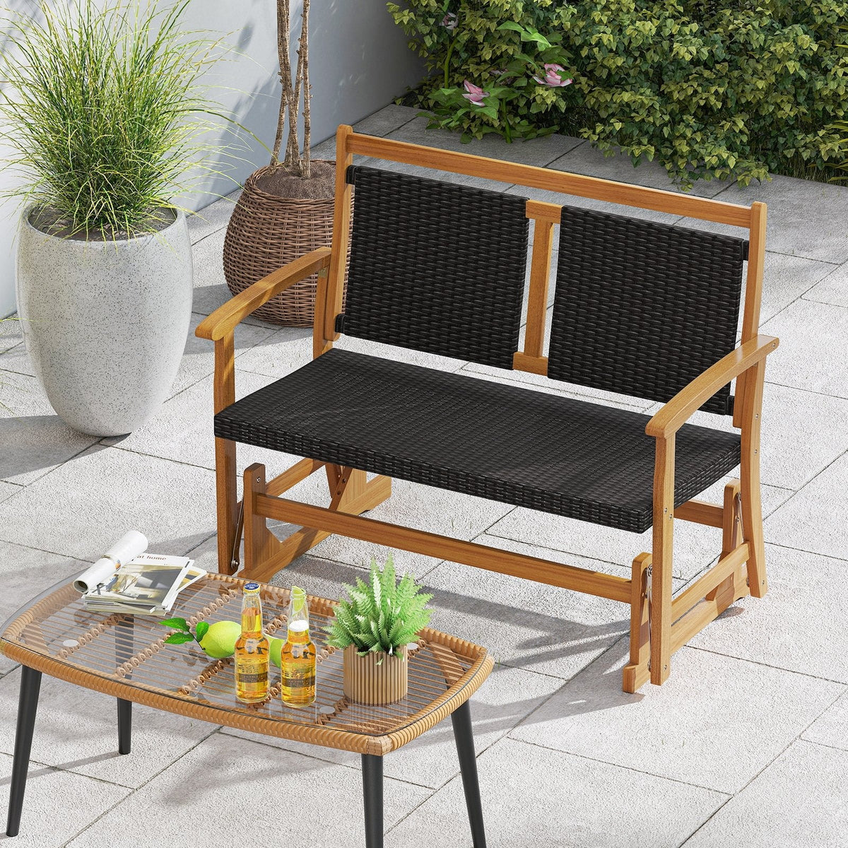 Patio Rattan Glider Bench for 2 with Acacia Wood Frame and Wicker Seat Back