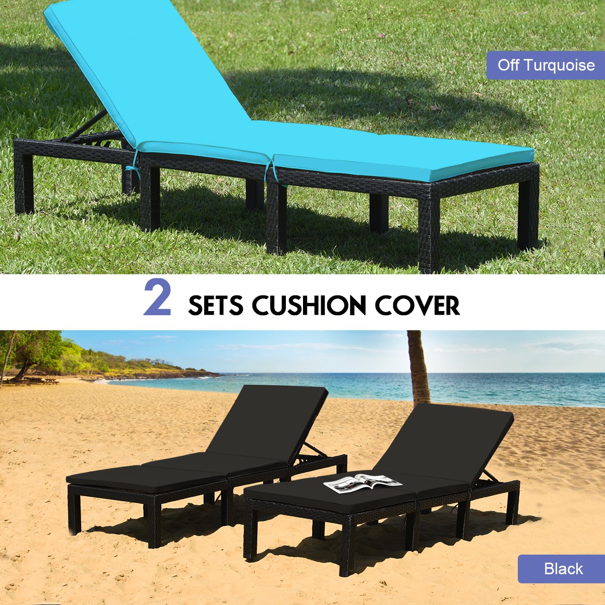 Rattan Lounge Chair with Two Cushion Covers, Black and Off Turquoise