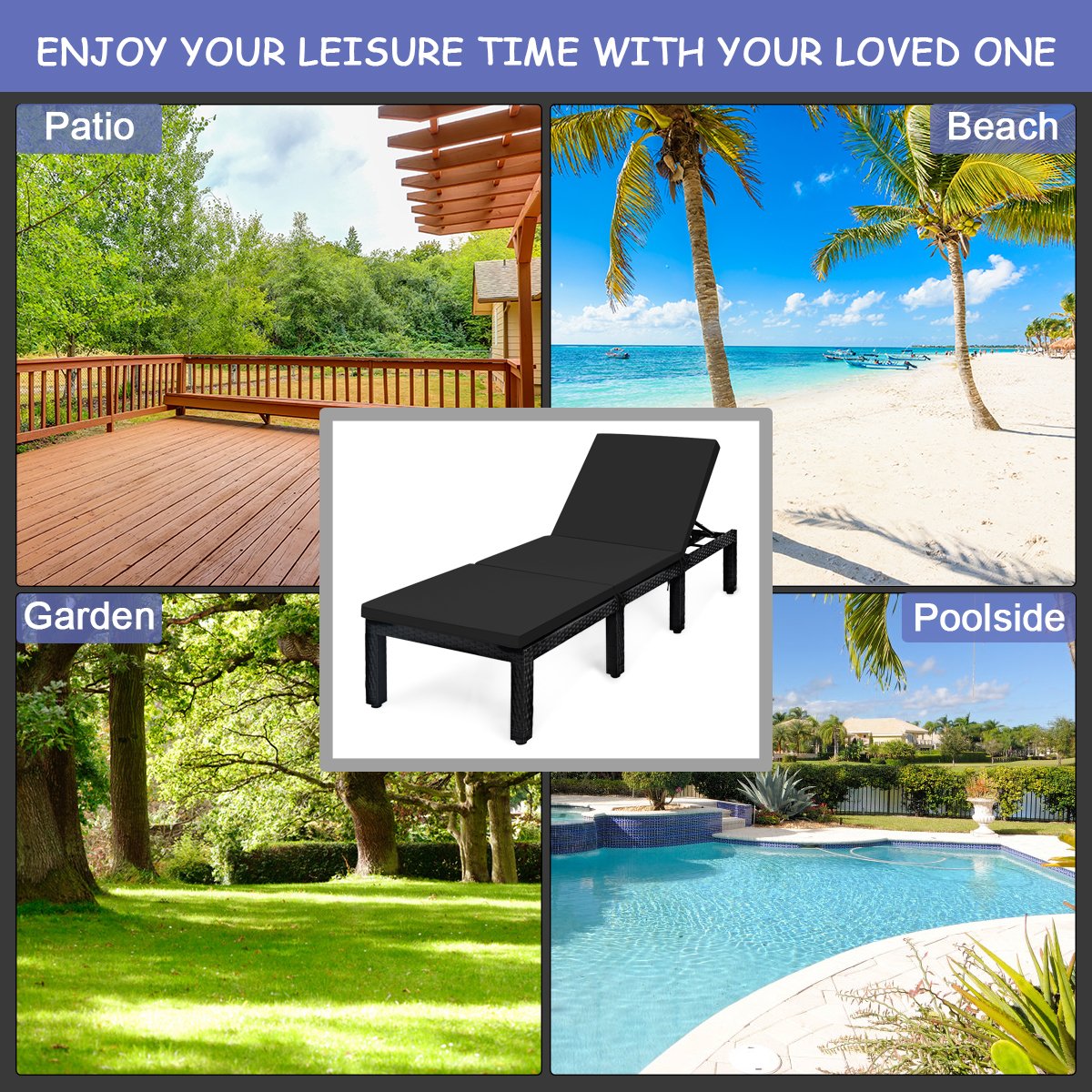 Rattan Lounge Chair with Two Cushion Covers, Black and Off Turquoise