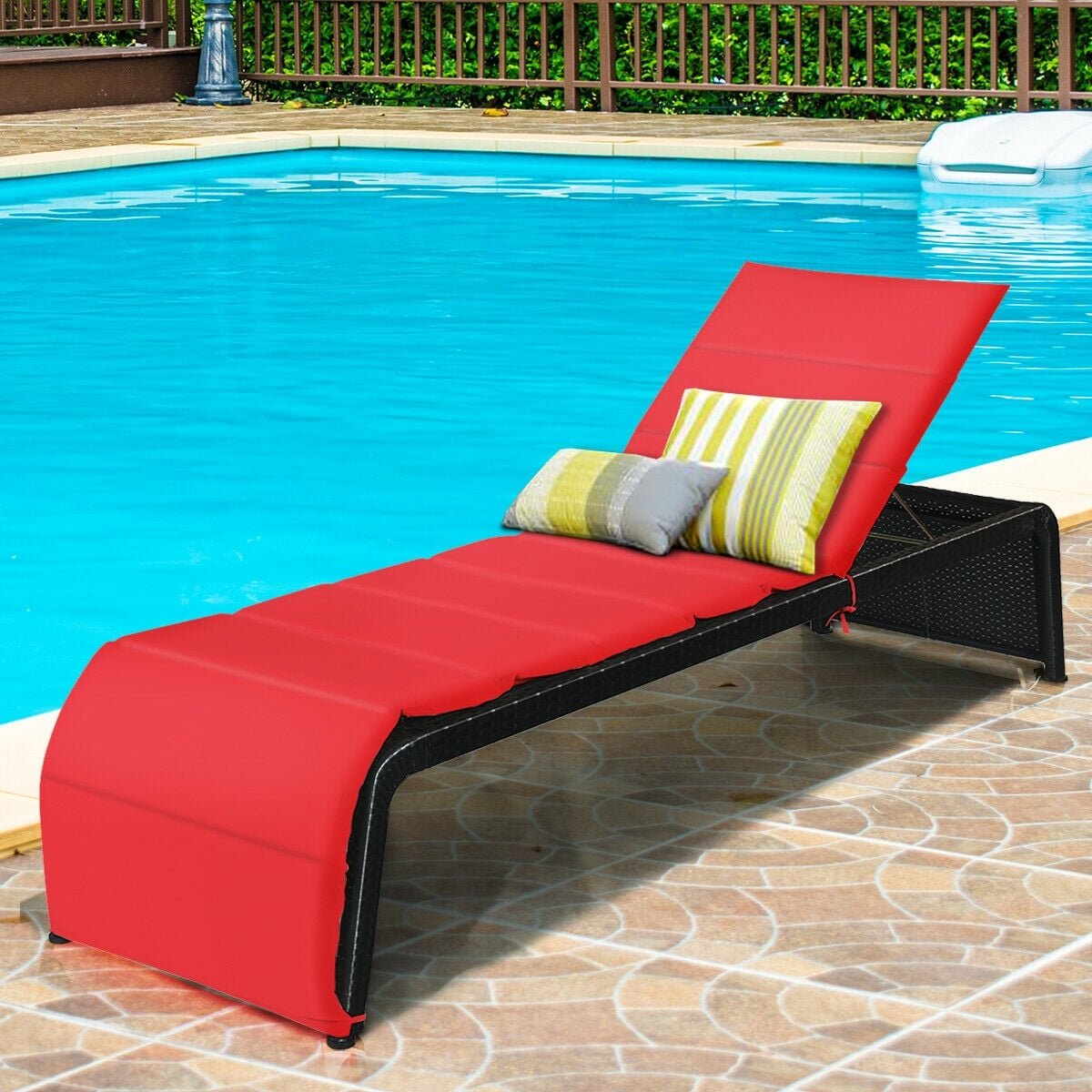 Rattan Chaise Lounger with 2.5 in Cushion and 700 lb Capacity, 85 in, Red
