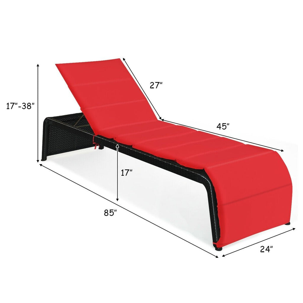 Rattan Chaise Lounger with 2.5 in Cushion and 700 lb Capacity, 85 in, Red