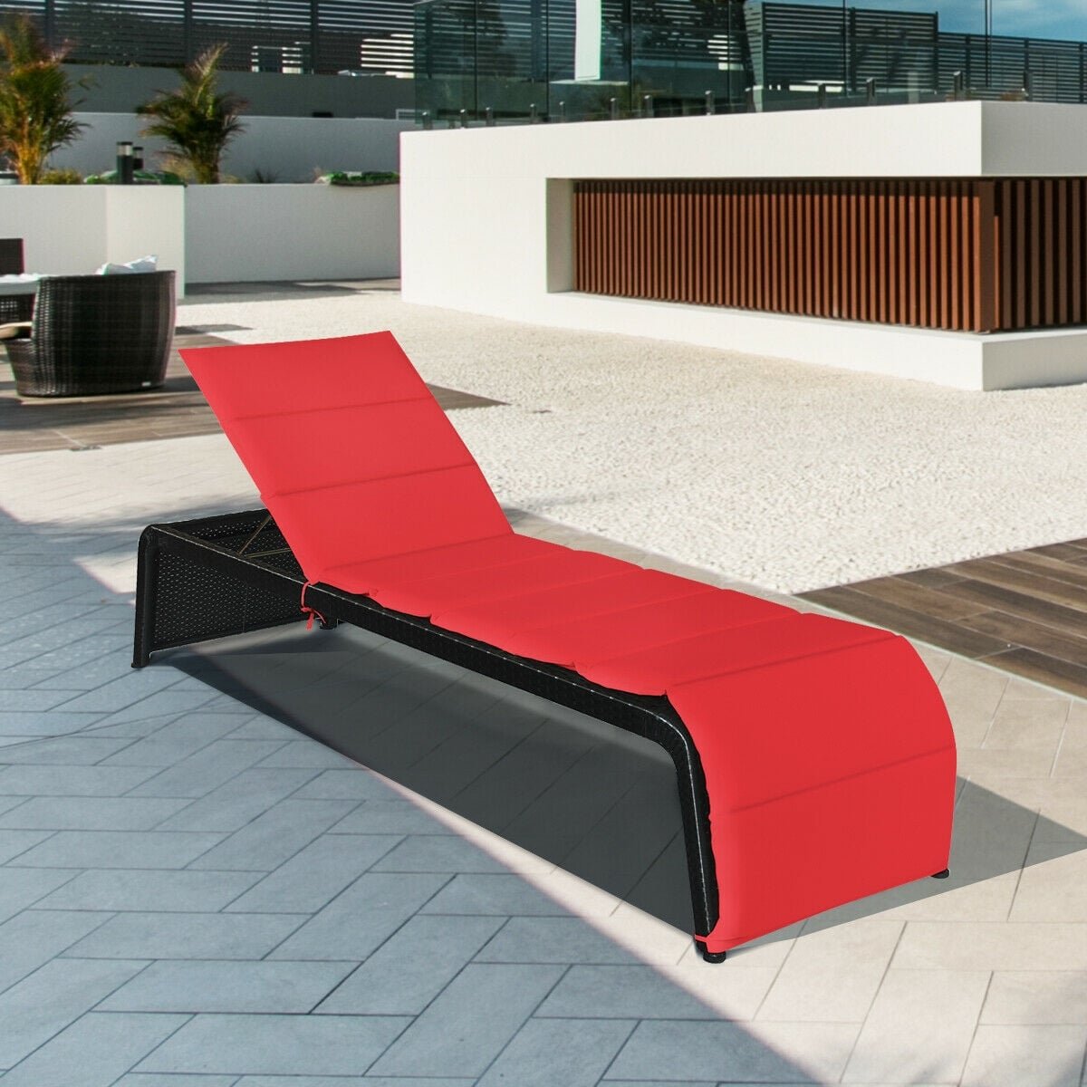 Rattan Chaise Lounger with 2.5 in Cushion and 700 lb Capacity, 85 in, Red