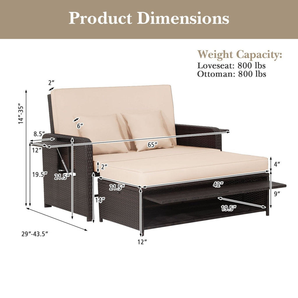 Rattan Daybed with 4 Level Backrest and Fold Down Side Trays, Brown