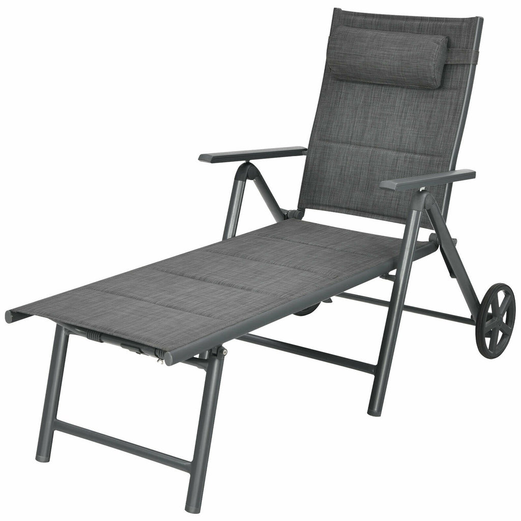 Padded Aluminium Reclining Chaise Lounge with Wheels and Neck Pillow, Gray