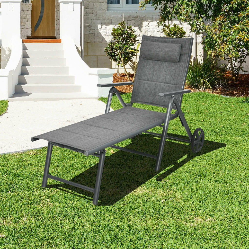 Padded Aluminium Reclining Chaise Lounge with Wheels and Neck Pillow, Gray