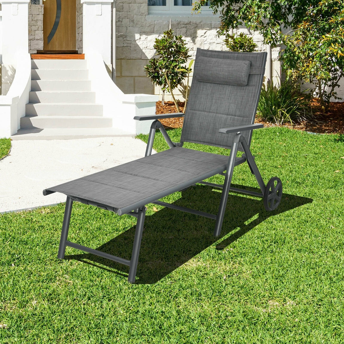 Padded Aluminium Reclining Chaise Lounge with Wheels and Neck Pillow, Gray