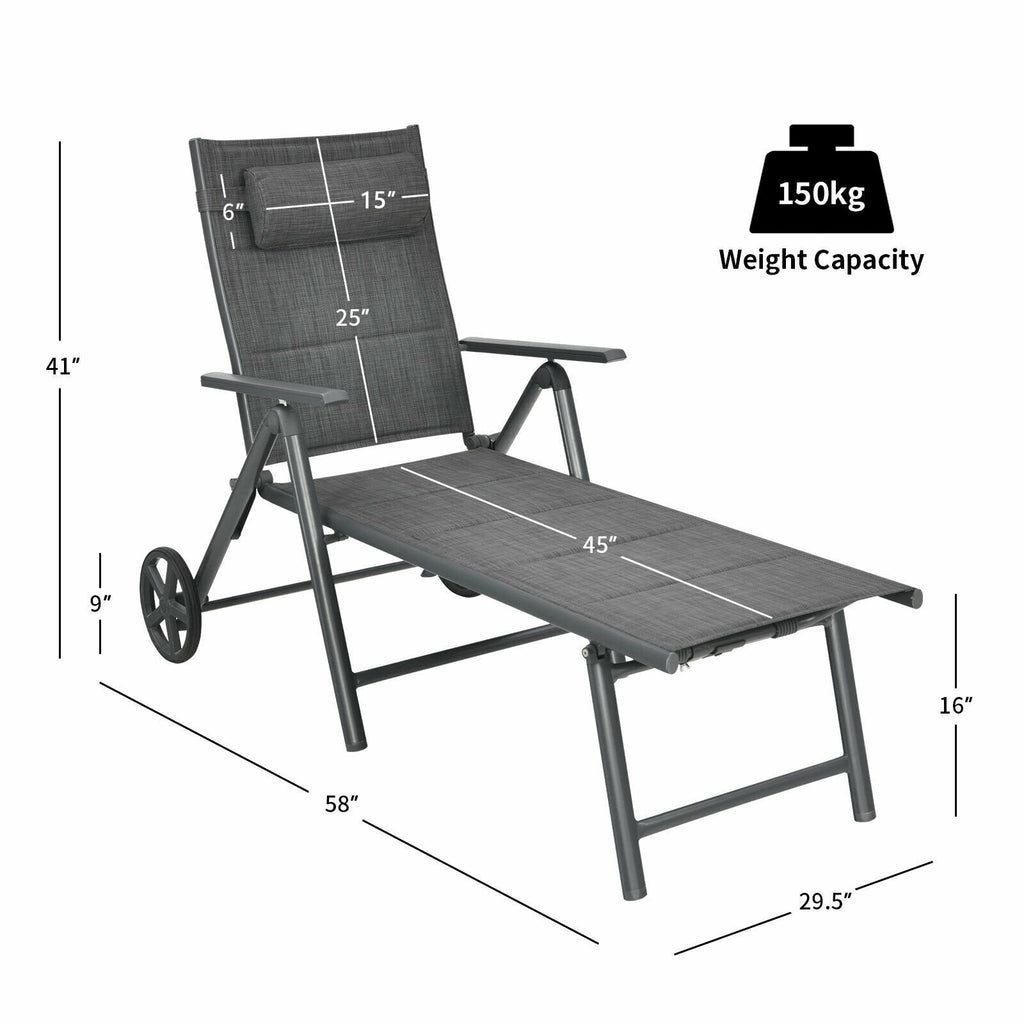 Padded Aluminium Reclining Chaise Lounge with Wheels and Neck Pillow, Gray