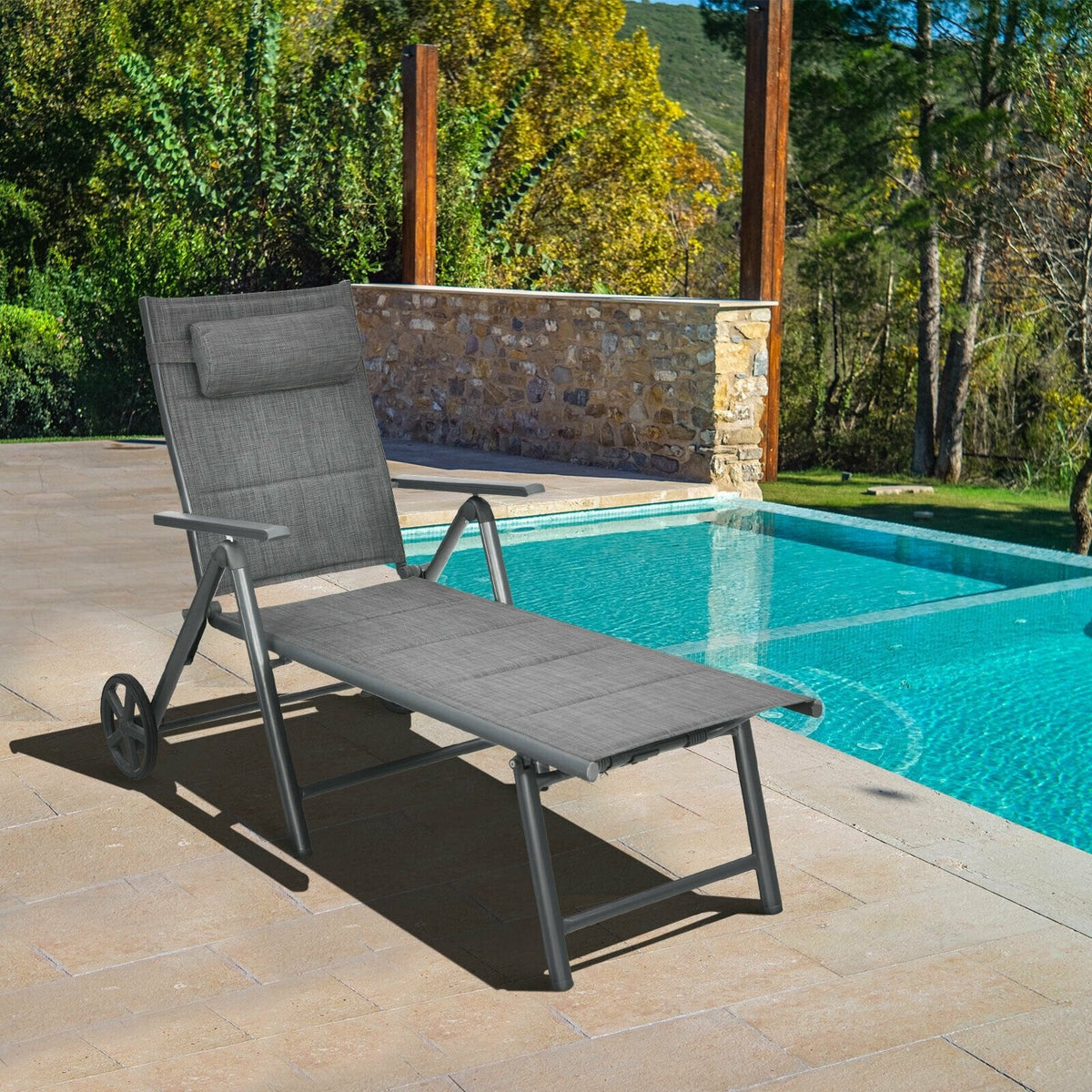 Padded Aluminium Reclining Chaise Lounge with Wheels and Neck Pillow, Gray