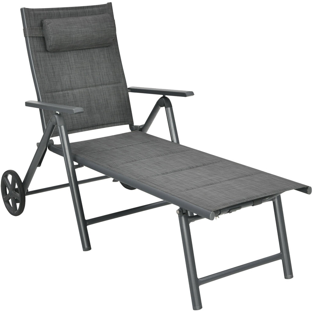Padded Aluminium Reclining Chaise Lounge with Wheels and Neck Pillow, Gray