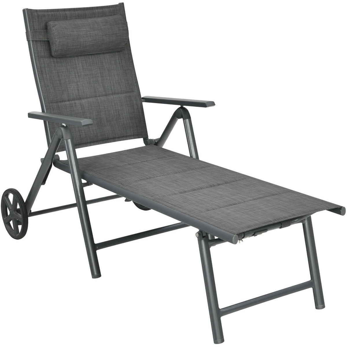 Padded Aluminium Reclining Chaise Lounge with Wheels and Neck Pillow, Gray