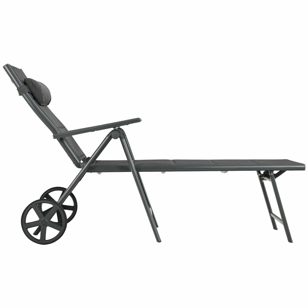 Padded Aluminium Reclining Chaise Lounge with Wheels and Neck Pillow, Gray