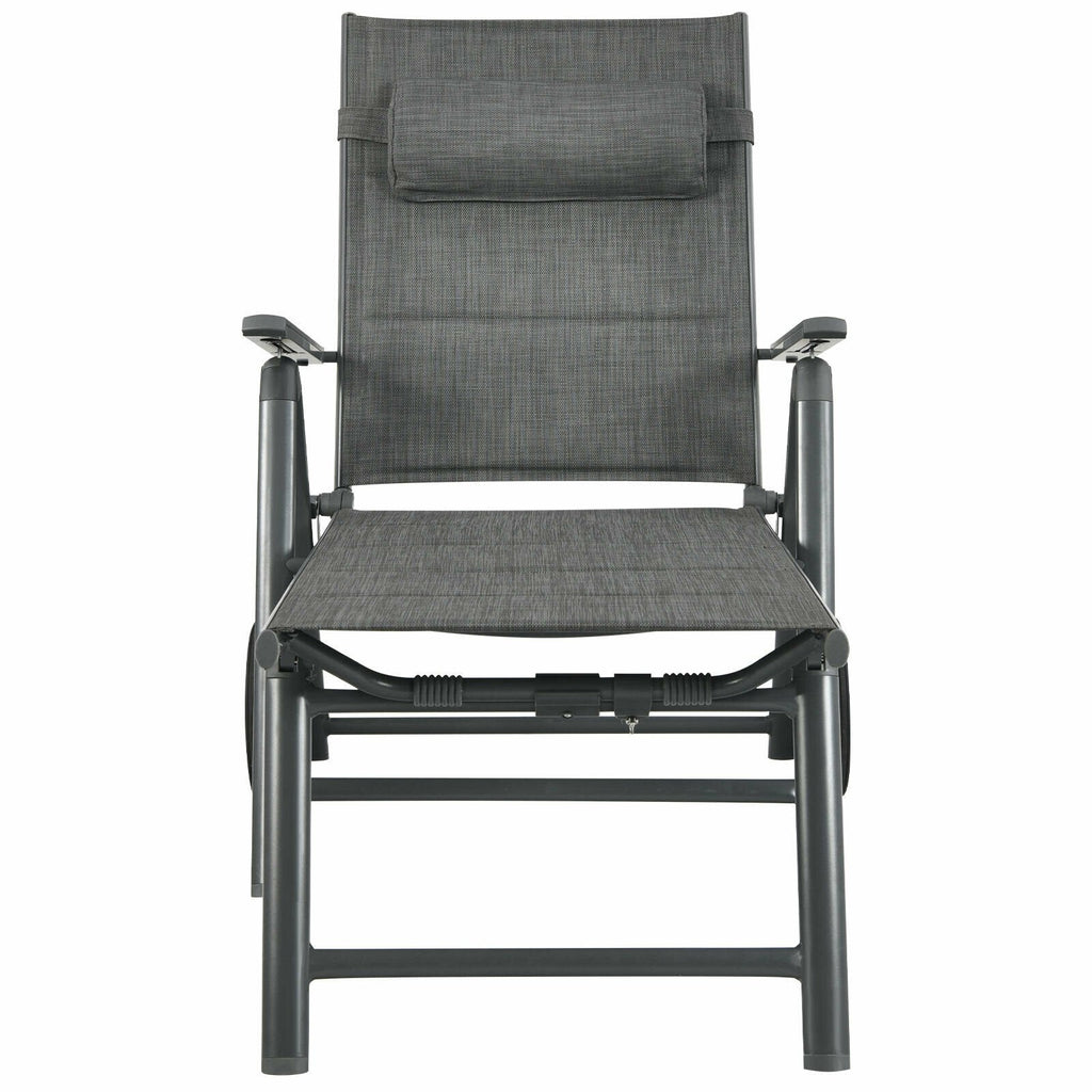 Padded Aluminium Reclining Chaise Lounge with Wheels and Neck Pillow, Gray