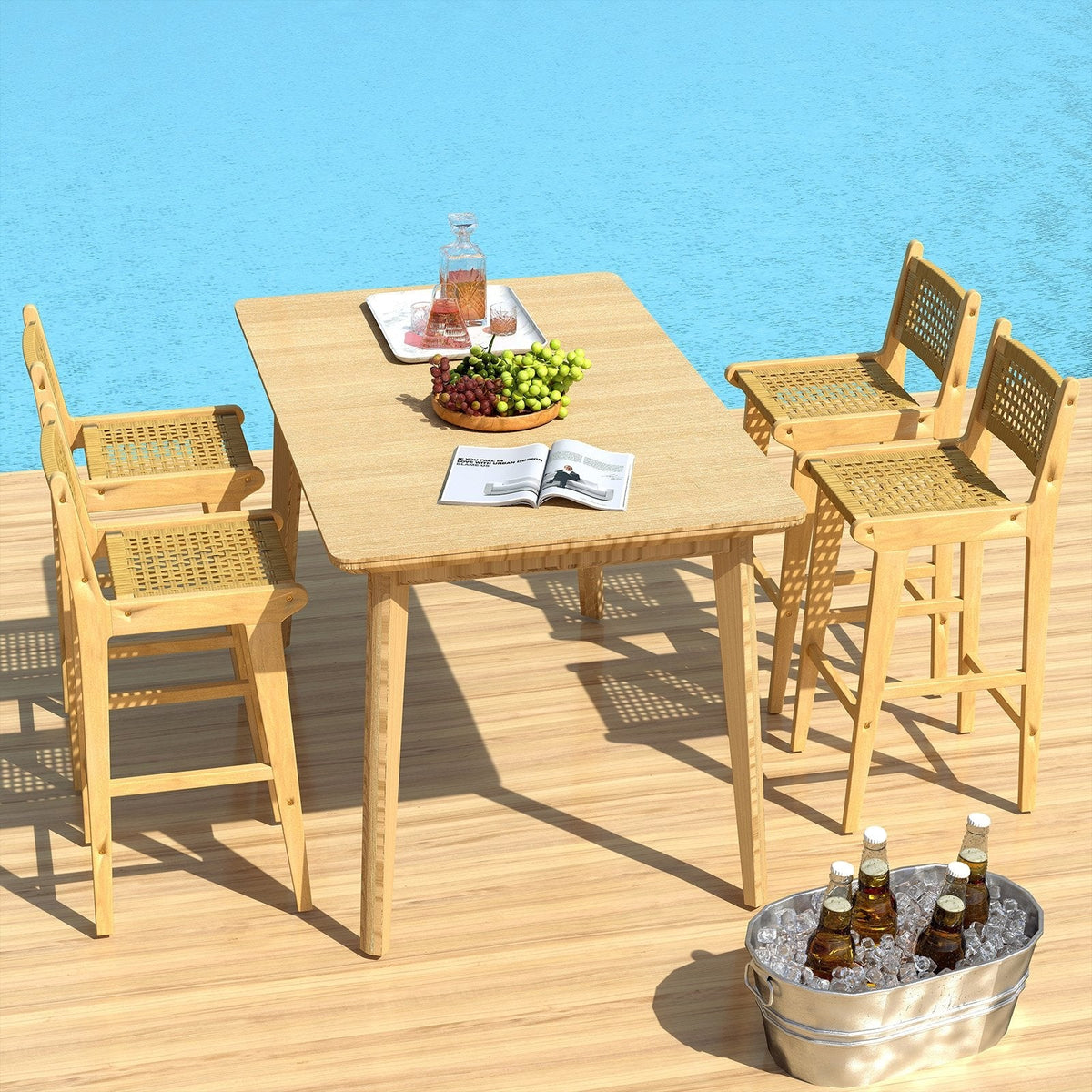 Patio Teak Wood Bar Stool with Rattan Backrest and Seat
