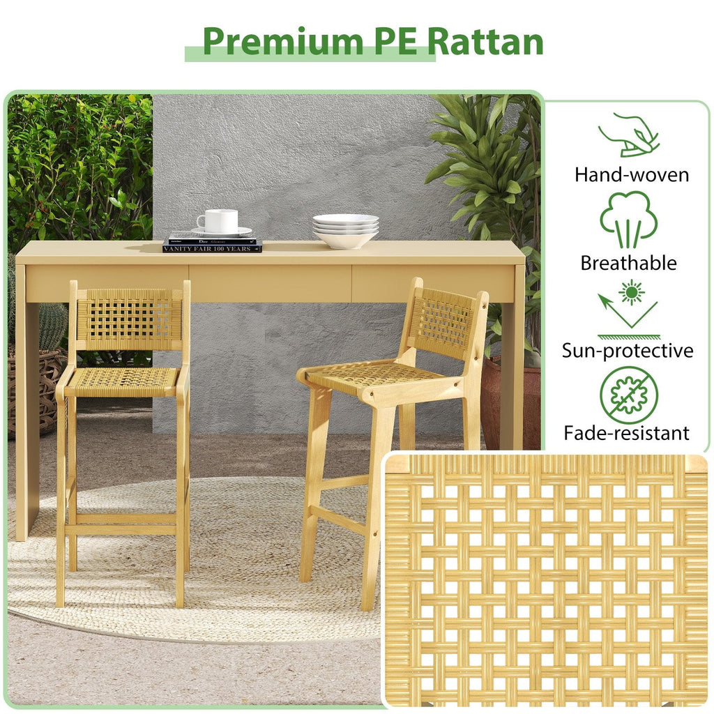 Patio Teak Wood Bar Stool with Rattan Backrest and Seat