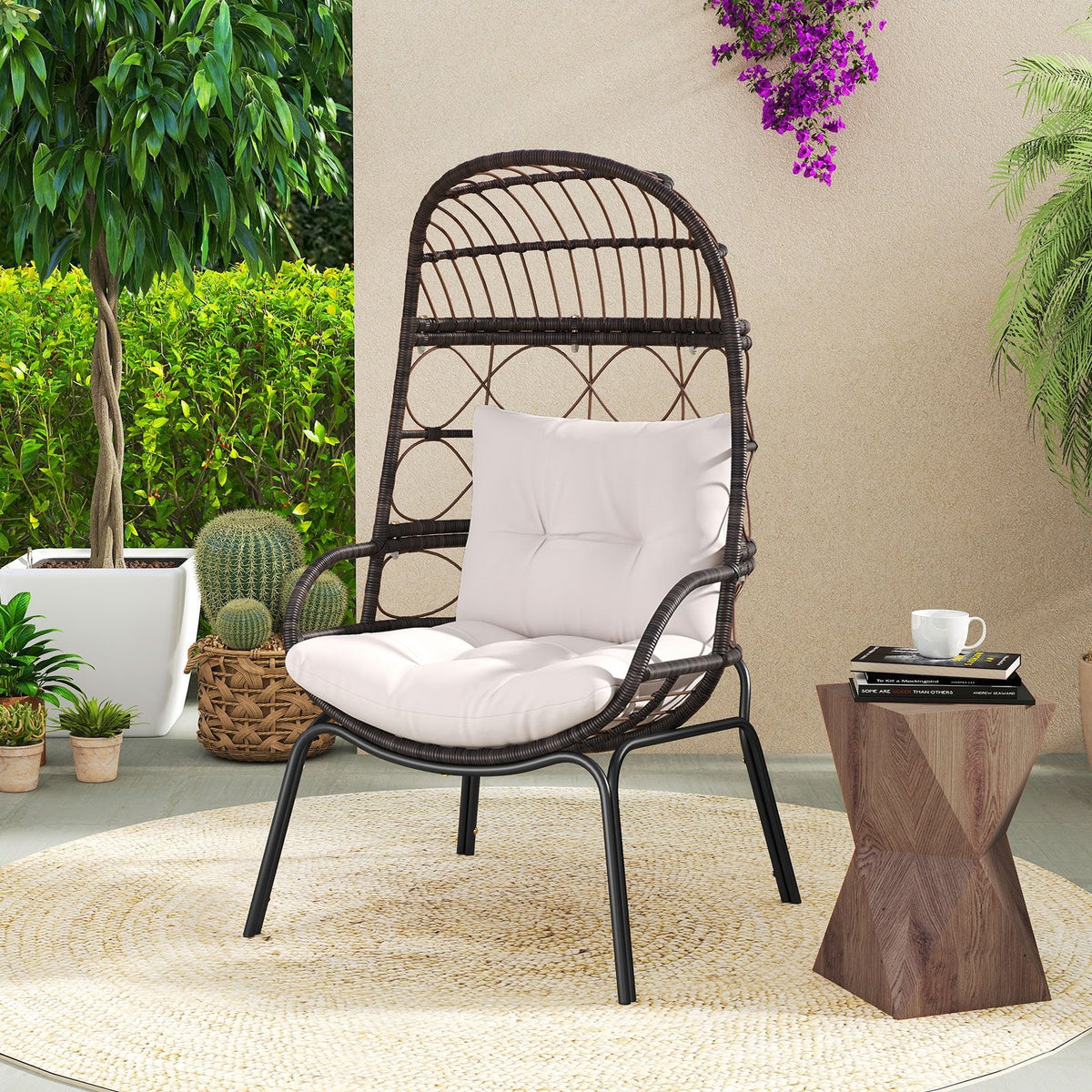 Wicker Egg Lounge Chair with Seat and Back Cushions, 400 lb Capacity, Brown