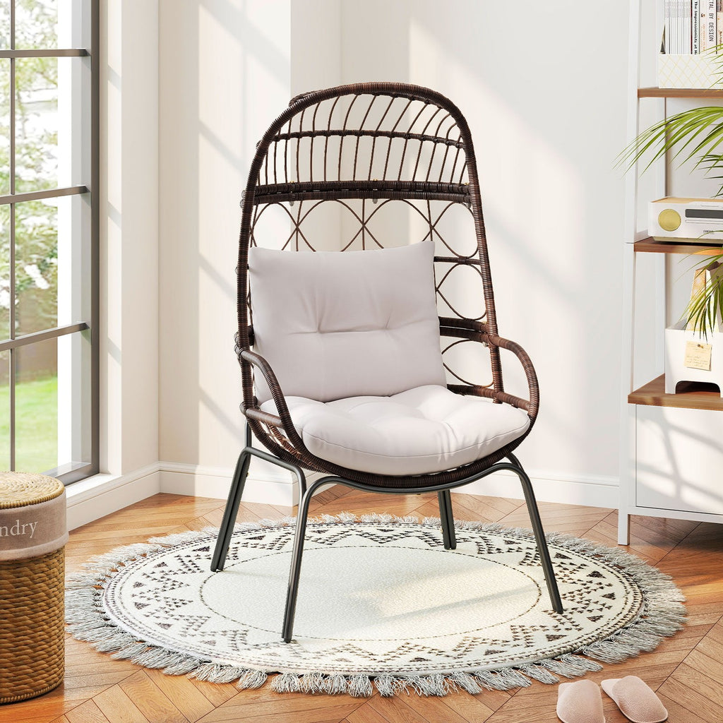 Wicker Egg Lounge Chair with Seat and Back Cushions, 400 lb Capacity, Brown