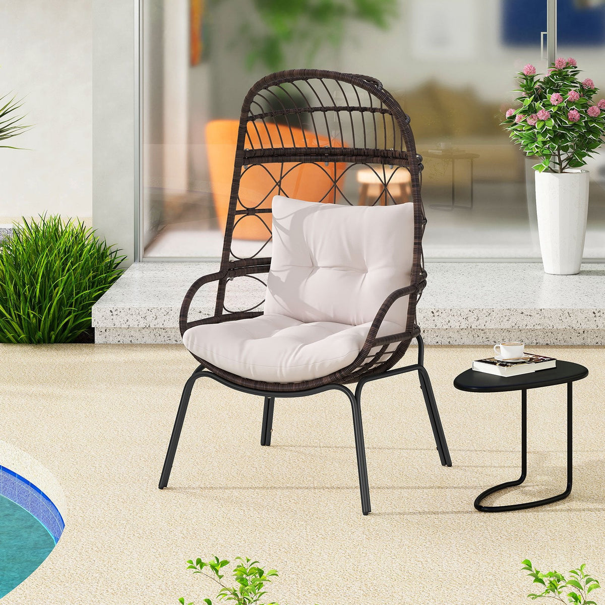 Wicker Egg Lounge Chair with Seat and Back Cushions, 400 lb Capacity, Brown
