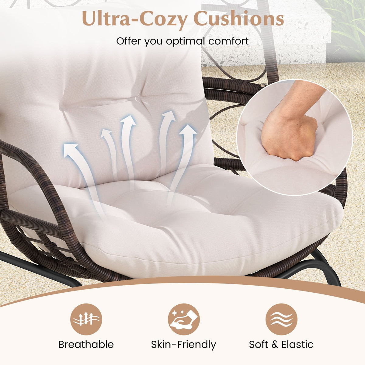 Wicker Egg Lounge Chair with Seat and Back Cushions, 400 lb Capacity, Brown
