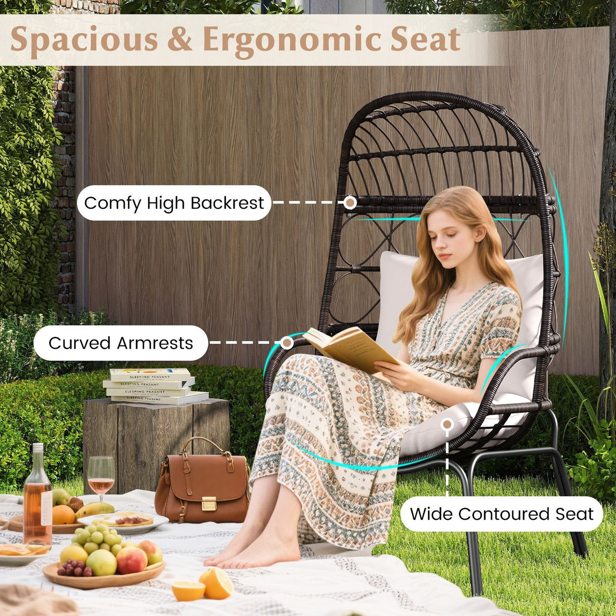 Wicker Egg Lounge Chair with Seat and Back Cushions, 400 lb Capacity, Brown