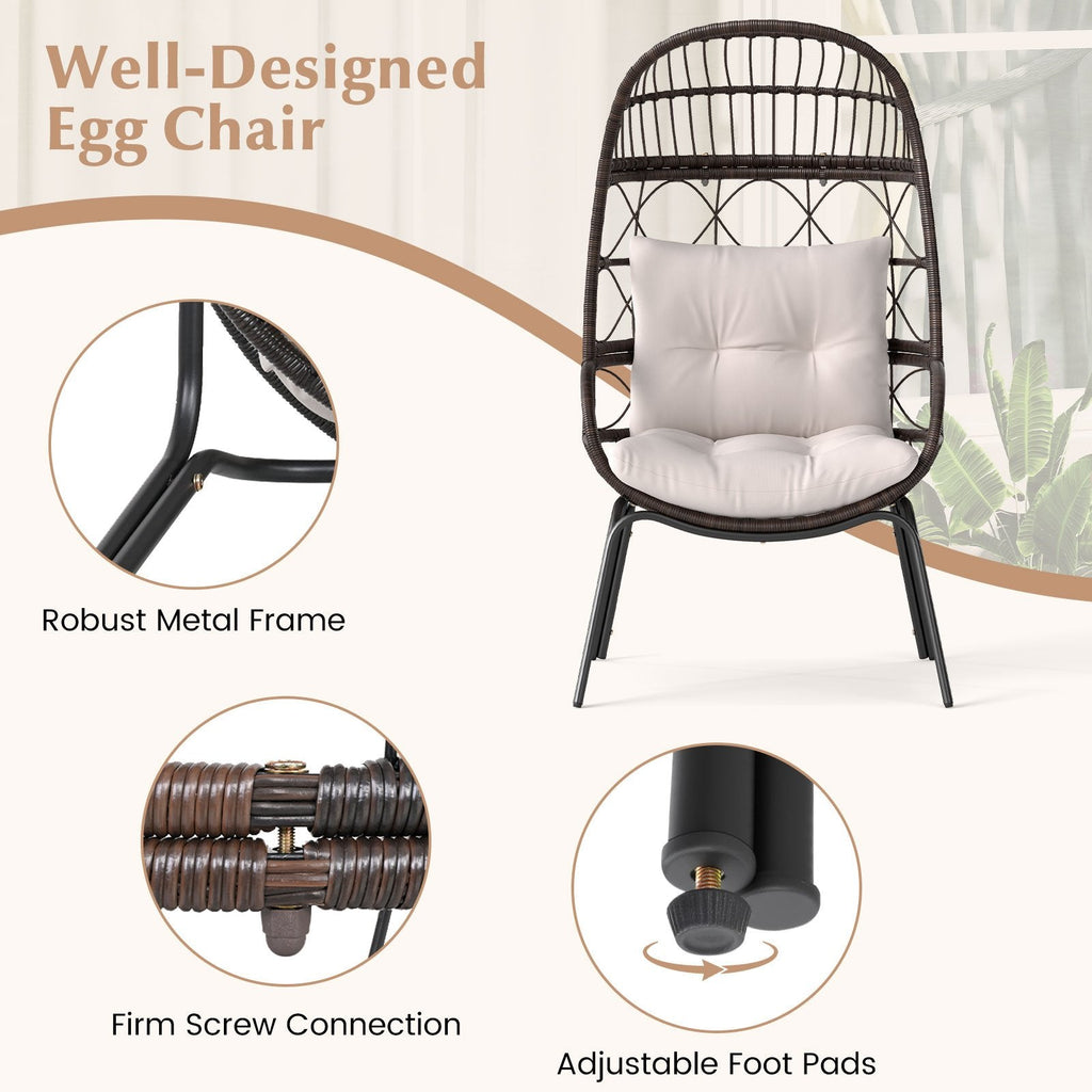 Wicker Egg Lounge Chair with Seat and Back Cushions, 400 lb Capacity, Brown