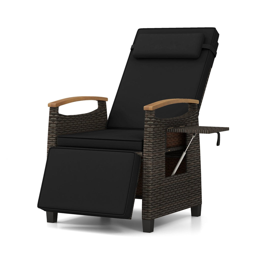 Wicker Recliner with 150 Degree Backrest, Footrest and Flip Up Side Table, Black