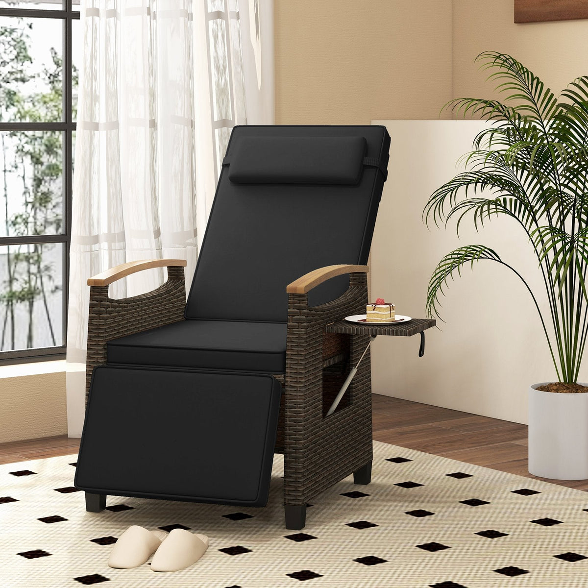 Wicker Recliner with 150 Degree Backrest, Footrest and Flip Up Side Table, Black