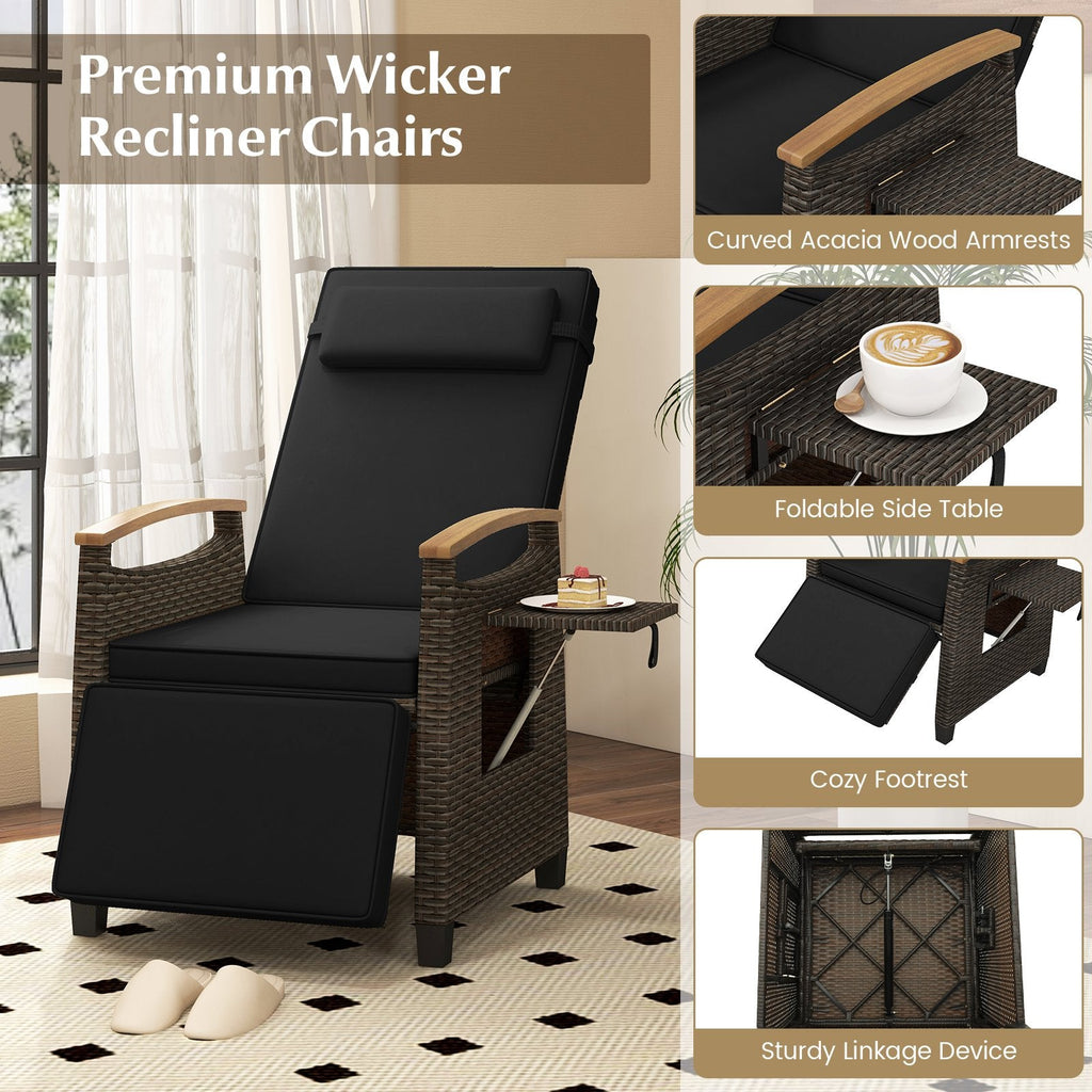 Wicker Recliner with 150 Degree Backrest, Footrest and Flip Up Side Table, Black