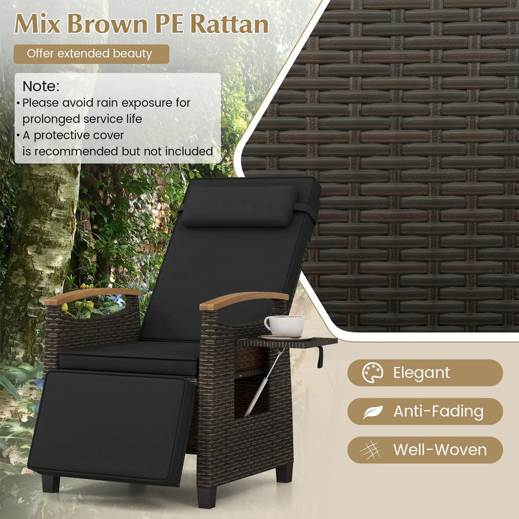 Wicker Recliner with 150 Degree Backrest, Footrest and Flip Up Side Table, Black