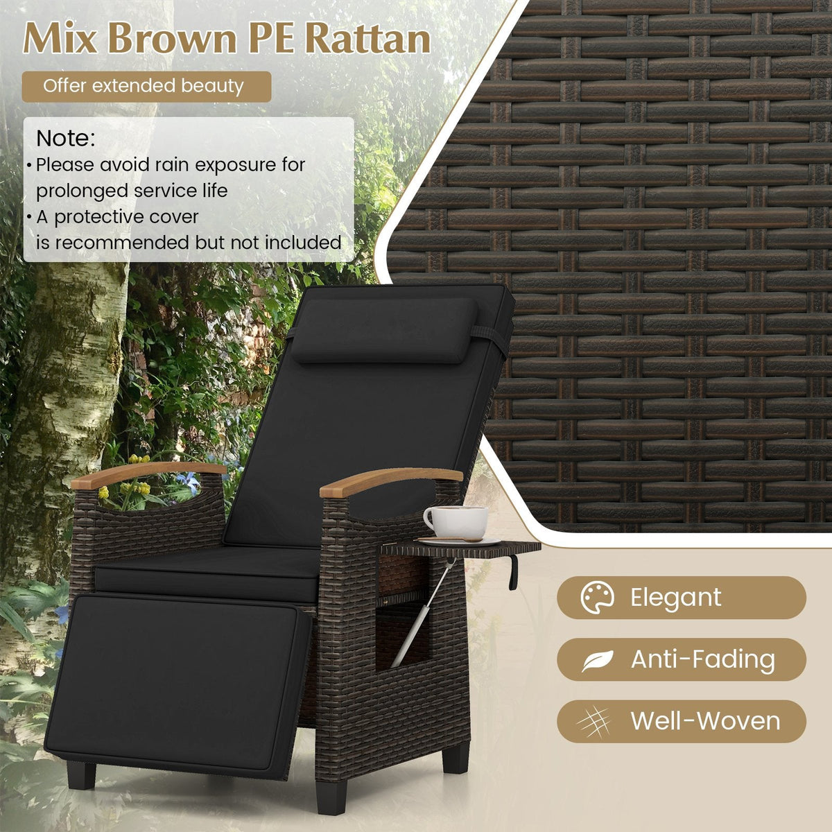 Wicker Recliner with 150 Degree Backrest, Footrest and Flip Up Side Table, Black